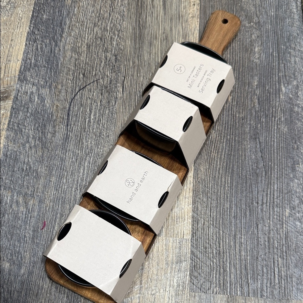 Wooden Serving Tray with Black Bowls